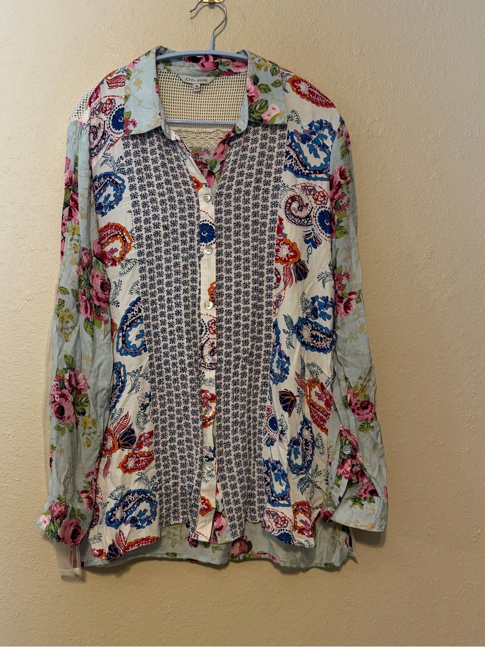 John Mark Blue Boho Floral Button-Down Shirt Size Medium Embroidered with lace